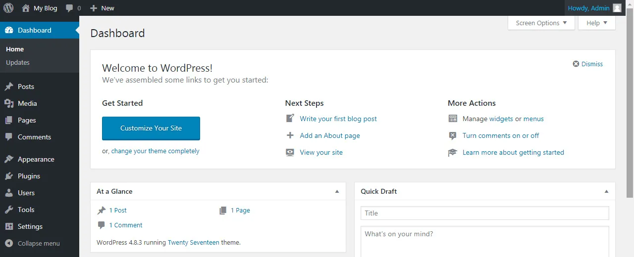 wordpress dashboard after installing wordpress for the first time - Tutorial by prathilaba Sri Lanka