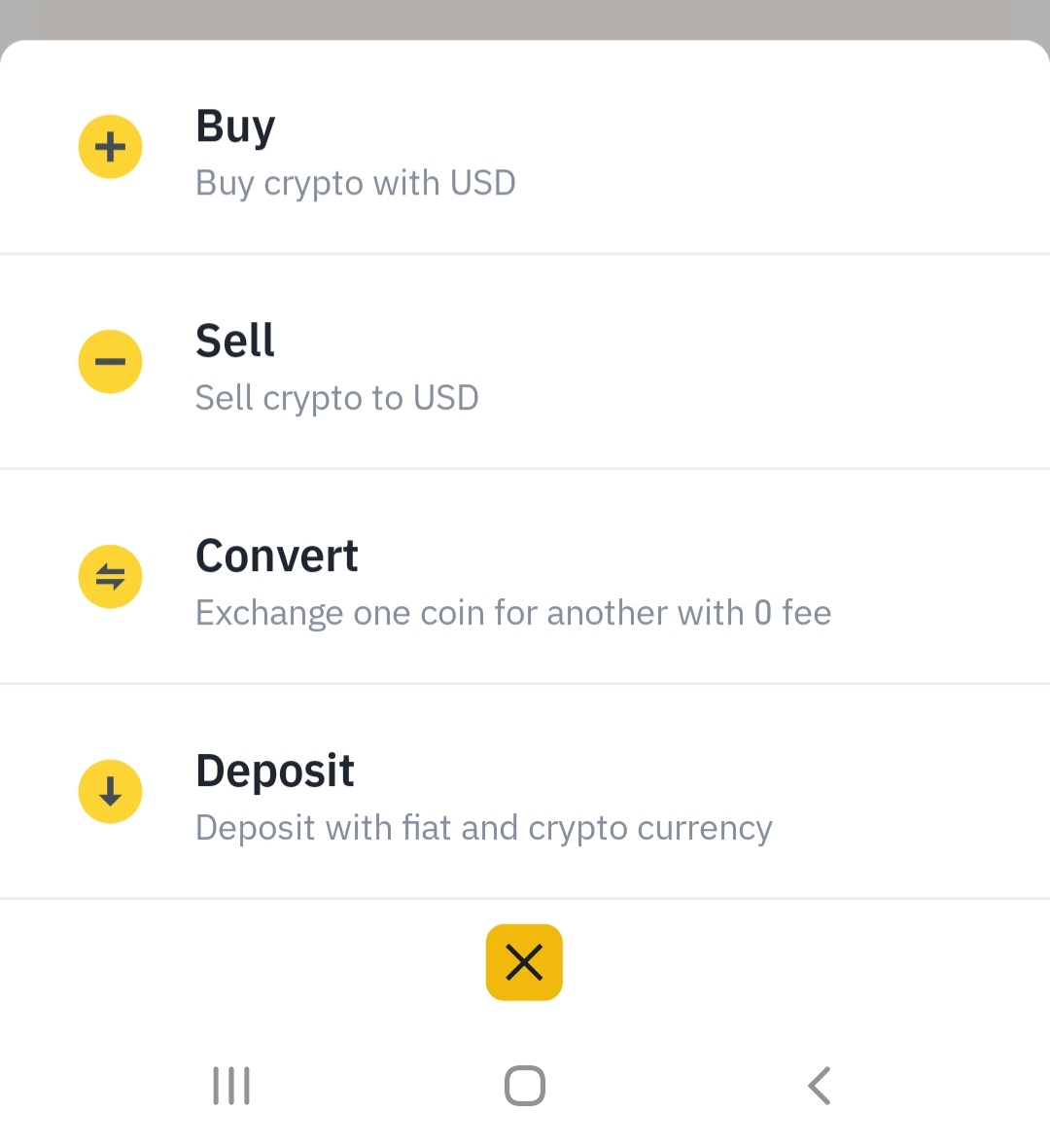 Binance Cryptocurrency Quick Buy Sell Convert Deposit Options shows when bottom middle yellow icon button is clicked on Mobile App - how to buy bnb busd in Sri Lanka